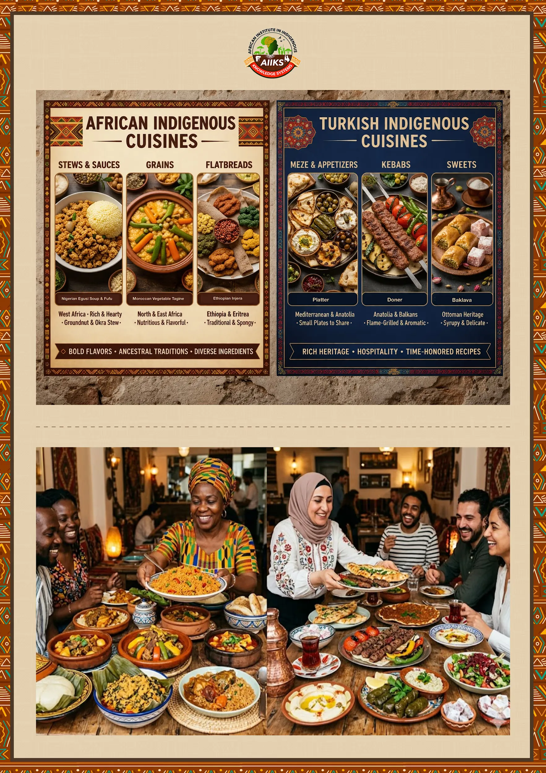 Comparitive Indigenous Cuisines: Digitalizing Traditional Food Systems for Health and Sovereignty Indigenous cuisines in Africa and Turkey are recognized as vital systems of nutritional knowledge and ecological adaptation. Through AI-driven nutritional mapping and digital storytelling, the initiative preserves biodiversity-rich food practices, from traditional grains to fermentation techniques. These digital platforms support food sovereignty and cultural identity while creating new opportunities for youth entrepreneurship and sustainable livelihoods.